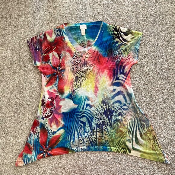 Y2k Floral Vibrant Artsy Asymmetrical Hem Colorful Flowy Tunic Top w Rhinestones - Picture 5 of 9